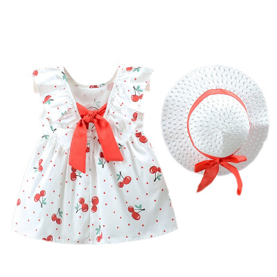 

2Pcs Baby Girls Dress Cute Baby Clothes Cherry Pattern Sleeveless Dresses Fashion Backless Sundress With Hat