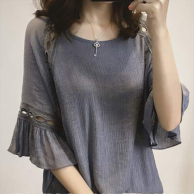 

New Summer Solid Color Simple Womens Blouse Fashion Hollow Out Blouse O-Neck Three Quarter Sleeve Ruffles Blouse