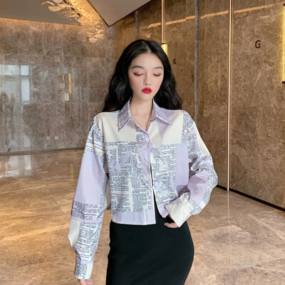 

Fashion Short Women Blouse Vintage Cartoon Letter Print Lapel Shirt Loose Single-breasted Long Sleeve Blouse Autumn Shirt Tops