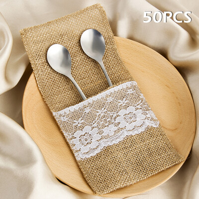 

50pcs Linen Lace Cutlery Pouch Tableware Holder Bag Wedding Party Decoration
