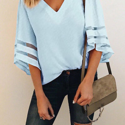 

Style Women Loose Large Size Mesh Stitching Three Quarter Sleeves Chiffon Shirts