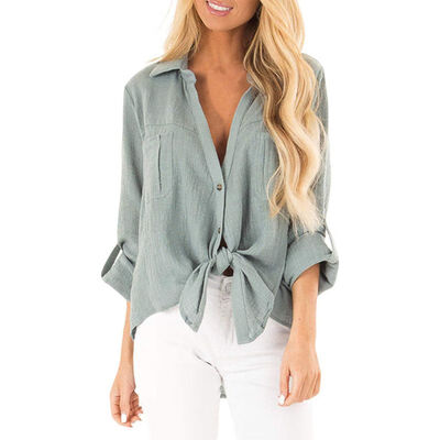 

Office ladies Autumn new cotton&linen shirt women V-neck knotted casual loose long-sleeved womens shirt
