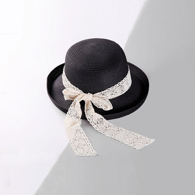 

Hat Female Korean Version Summer Beach Holiday Hat with Big Turning eaves Lace Ribbon&Sunscreen Straw Hat