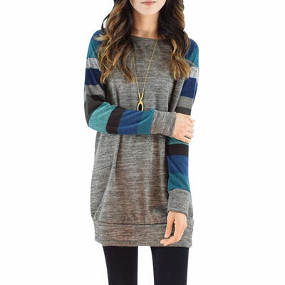 

Casual Autumn Women Loose Long Sleeves Stripe Splicing Base Shirt Long Tops