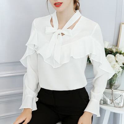 

Women Autumn Harajuku Neckline Bow Plus Size O-neck Blouse Solid Color Casual Butterfly Long-sleeve Shirt