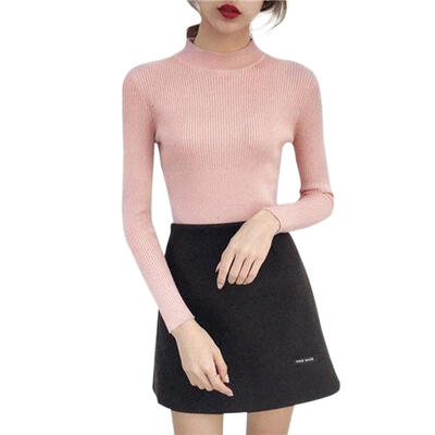 

Autumn Women Knitted Base Shirt Half High Collar Slim Solid Color Bottoming