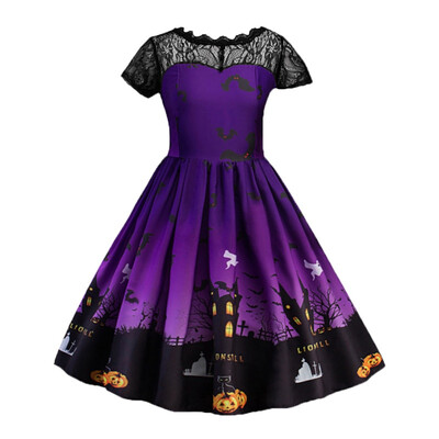 

New Style Fashion Baby Girls Halloween Bat Printed Mesh Short Sleeve Princess Dress