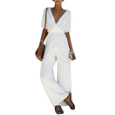 

2019 Womens Sexy Drawstring Deep V Neck Jumpsuits Fashion Solid Color Wide Leg Jumpsuits Casual Short Sleeve Straight Rompers