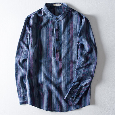 

Toponeto Mens Casual Ethnic Style Cotton Linen Stripe Long Sleeve Shirt Blouse Tops