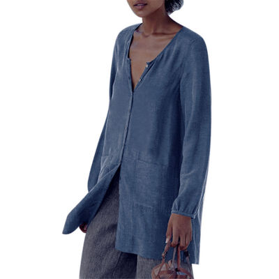 

Womens 2019 autumn new long-sleeved button V-neck solid color shirt casual loose long-sleeved shirt