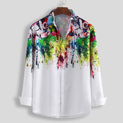 

Toponeto Men Ethnic Style Graffiti Print Slim Long Sleeve Shirt Dress Blouse Tops