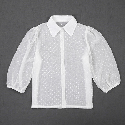 

2019 Autumn New Blouse Women Lace Perspective Loose Polka Dot Lapel Lantern Sleeves Shirt Solid Color Mesh Blusas Mujer De Moda
