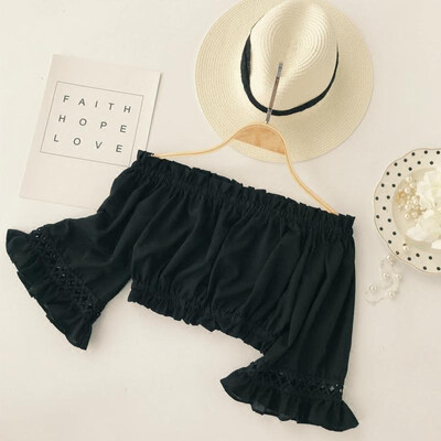 

Korean Summer Blouse Woman Spring Slash Neck Half Flare Sleeve blusas Solid Chiffon Ruched Womens Tops And Blouses Harajuku