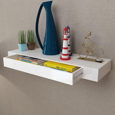 

White MDF Floating Wall Display Shelf 1 Drawer BookDVD Storage