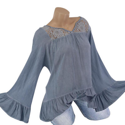 

Fashion Women Blouse Loose Lace Patchwork V-Neck T-shirt Ruffle Hem Tops