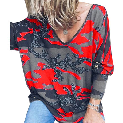 

Plus Size Autumn Women Casual Loose Camouflage Print V Neck Long Sleeve T-Shirt