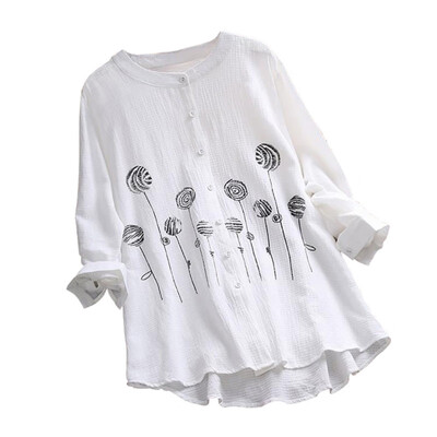 

Womens Embroidery Floral Print Cotton & Linen Long Sleeve Casual Blouse
