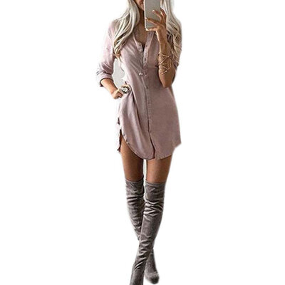 

Fashion Women Sexy Button Chiffon Long Sleeve Loose Turn-down Collar Casual T-Shirt Dress