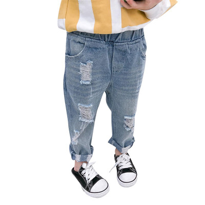 

Children Boys Girls Ripped Hole Jeans Fashion Teens Light Blue Slim Denim Pants