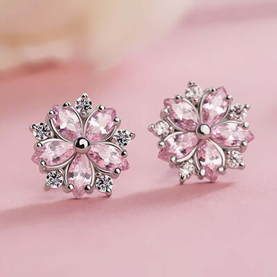

New Lovely Pink Flower Earrings Cherry Blossoms Stud Earrings For Women Girl Romantic Ear Jewelry