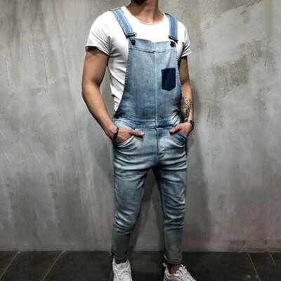 

Tailored Mens Overall Casual Jumpsuit Jeans Wash Broken Pocket Trousers Suspender Pants
