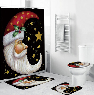 

〖Follure〗4Pcs Christmas shower Curtain Bathroom Anti-slip Carpet Rug Toilet Cover Mat Set