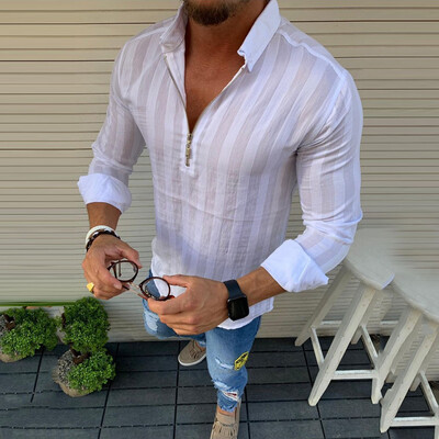

Toponeto Men Striped Long Sleeve Zipper Shirts Male Casual Business Fit Blouse Slim Top