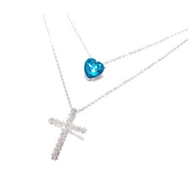 

New Necklace Choker with Blue Heart Rhinestone Silver Cross 2 Layered