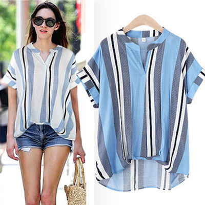 New Striped Blouse Women Loose Fit Short Batwing Sleeve V-Neck Shirt Stripes Fashion Top All Match New Arrival For Women Blouse