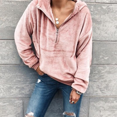 

Fashion Women Autumn Fluffy Hooded Hoodie Solid Color Long Sleeve Drawstring Zipper Warm Casual Streetwear Outerwear