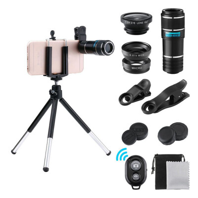 

Phone Camera External Telephoto 12x Zoom Lens Tripod Kit Fish Eye Wide Angle Macro Lens Set