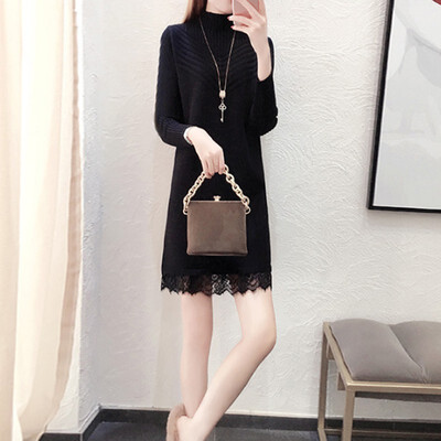 

Autumn Winter New Lace Patchwork Solid Color Dress Fashion Sweet Turtleneck Long Sleeve Women Knit Dress