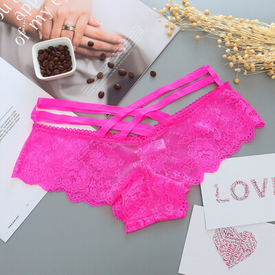 

Sexy Womens Panties Hollow Out Rose Jacquard Large Size Briefs Cross Straps Solid Color Lace Briefs Underwear