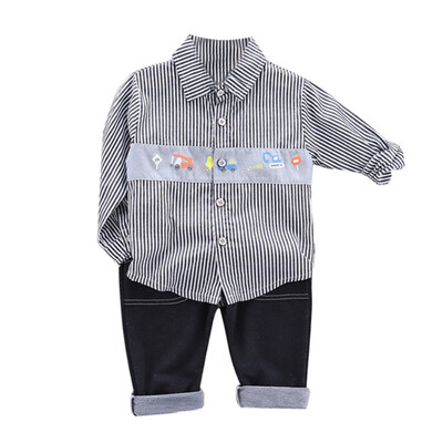 

Children Baby Boys Casual Long Sleeve Striped Car Print Blouse TopsDenim Pants Trouser Kids Autumn Costume Set