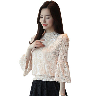 

Womens Flare Sleeve Floral Lace Round Neck Casual Tunic Tops