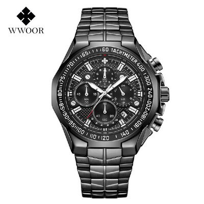 

WWOOR 8868 Men Quartz Watch Stainless Steel Band Fashion Multifunction Wristwatch 5ATM Luminous Display Chronograph Calendar Date
