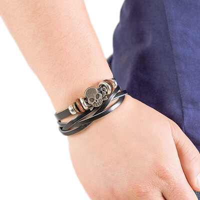 

1 PC Hand Woven Skull Head Decoration Leather Bracelet Fashion Handsome Men Personality Accessories