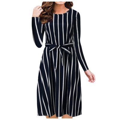 Tailored Womens O-Neck Striped Long Sleeve Loose With Pockets Casual Long Dress