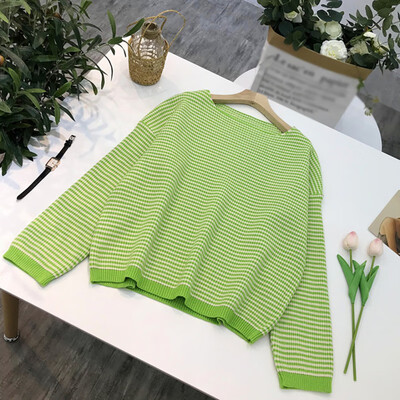 

Lazy Loose Women Sweater New Fashion Autumn Winter Stripes Print Slim Long Sleeved Round Collar Slim Bottom Knit Sweater