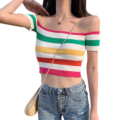 

Gril Korean Crop Tops Cotton Rainbow Printed Short Sleeve Tee Sexy Slash Collar T Shirts Sweet Kawaii Loose Streetwear