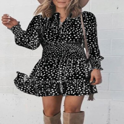 

Contrast Polka Dots Printed Shirr Buttons Long Sleeves Hem Shift Dress