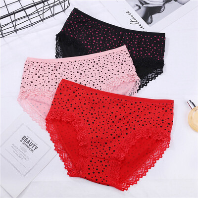 

Sexy Lace Stitching Wave Print Briefs Underwear Women Breathable Middle Waist Ladies Hip Briefs Intimates ropa interior femenina