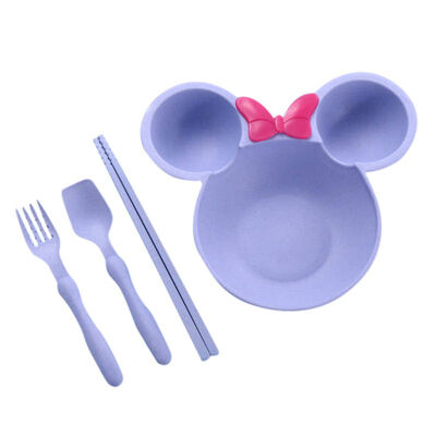 

4 Set Of Kid Wheat Stalk Feeding Dinnerware Bowknot Bowl With 3 Dividers Spoon Fork Chopsticks