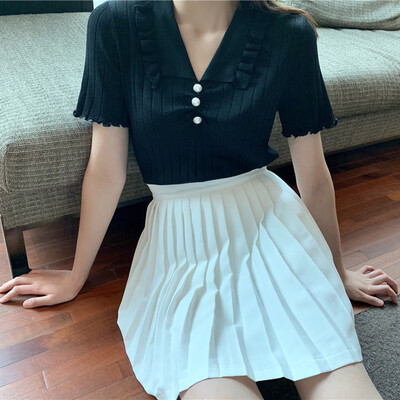

Wooden ear versatile sweet Slim doll collar female T-shirt fashion sweet beads decorative comfort wild shirt