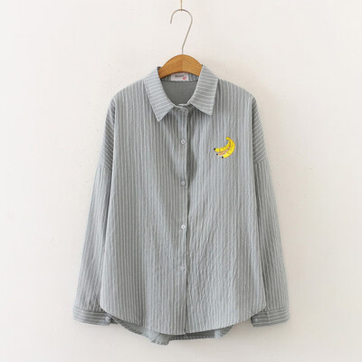 

Fruit Embroidery Female Shirts Outwear Tops Autumn Women Cotton Blouse Office Lady V-neck Button Loose Clothing