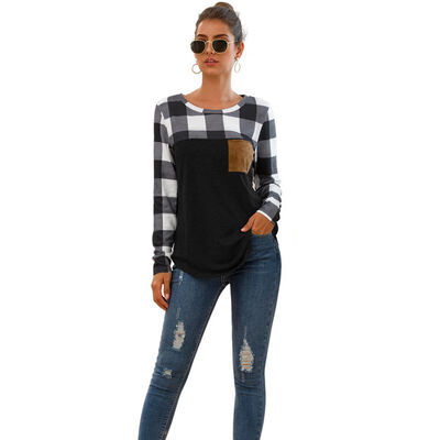 

Autumn 4 Colors Concise Casual All-match Women Fashion Color-blocked Round Collar Long Sleeve T-shirts