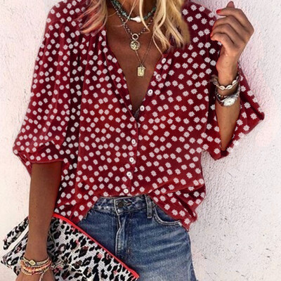 

Womens Blouse Summer Loose Casual Dot Shirt Half Sleeve Polka Tops Beach OL Lady Plus Size Autumn V-Neck Top