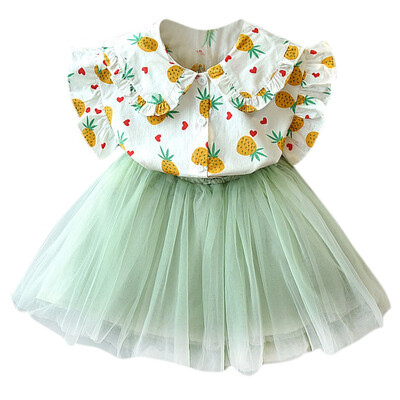

New Kids Baby Girls Flare Sleeve Pineapple Print Cotton Shirt Top Tulle Short Skirt Princess Set