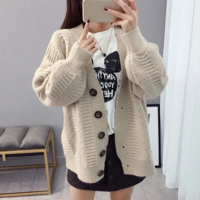 

Sweater Jacket Female Korean Version Of The Loose Simple Fashion Long Section Cardigan Was Thin V-Neck Single-Breasted