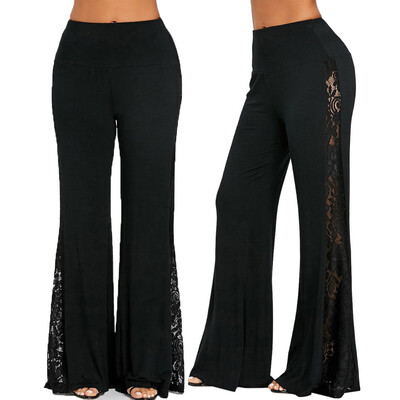 

Gobestart Fashion Womens High Waist Lace Insert Wide Leg Pants Leggings Loose Trousers